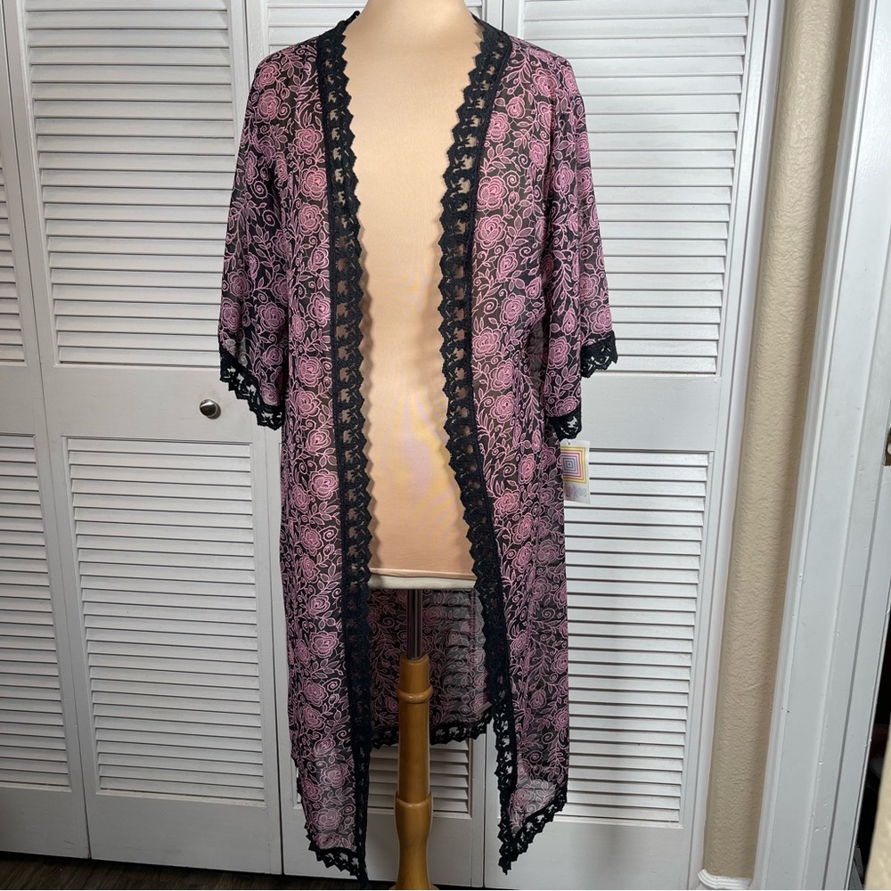LuLaRoe Floral Lace Kimono Duster Pink‎ & Black Sheer Cardigan Size S